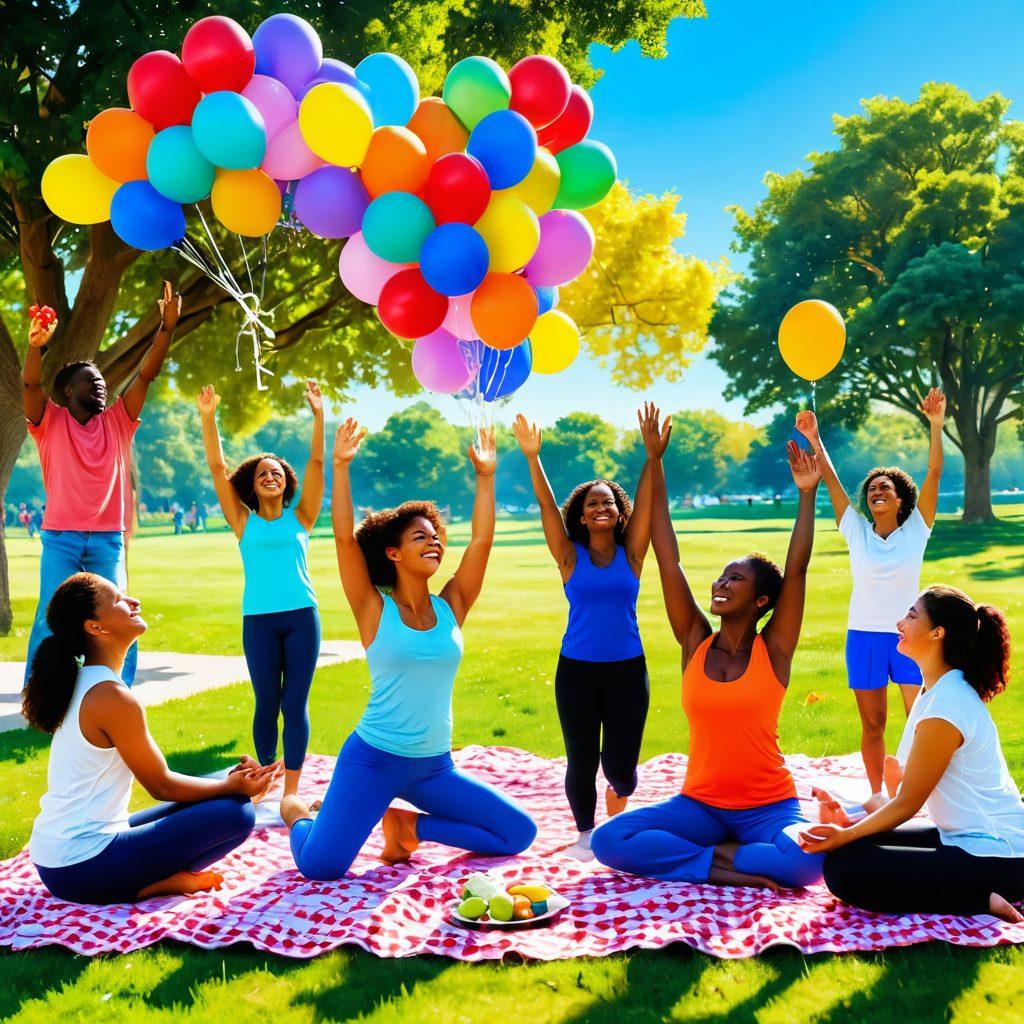 A bright and inviting scene featuring a diverse group of joyful people engaging in various simple activities like laughing together, practicing yoga in nature, and enjoying a picnic. The background should depict a sunlit park with colorful flowers and a clear blue sky, embodying warmth and positivity. Incorporate elements like balloons and butterflies to symbolize joy and freedom. super-realistic. vibrant colors.