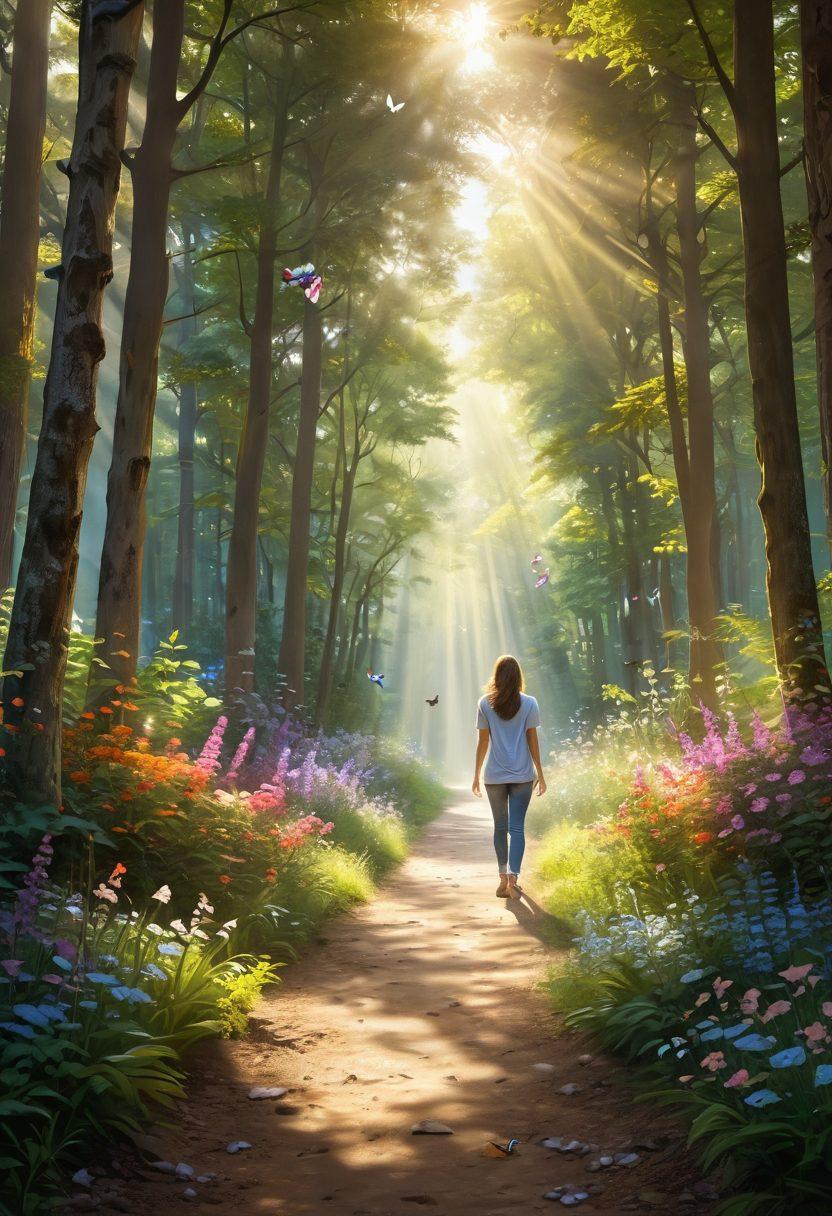 A serene pathway lined with blooming flowers, guiding through a sunlit forest, symbolizing the journey to fulfillment. In the foreground, a person with a peaceful expression practices mindfulness, surrounded by luminous butterflies representing optimism. Soft rays of light filter through the trees, casting a warm glow. super-realistic. vibrant colors. inspirational atmosphere.
